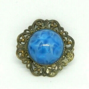 Vintage Satin Glass Brooch Blue Swirl Early Clasp